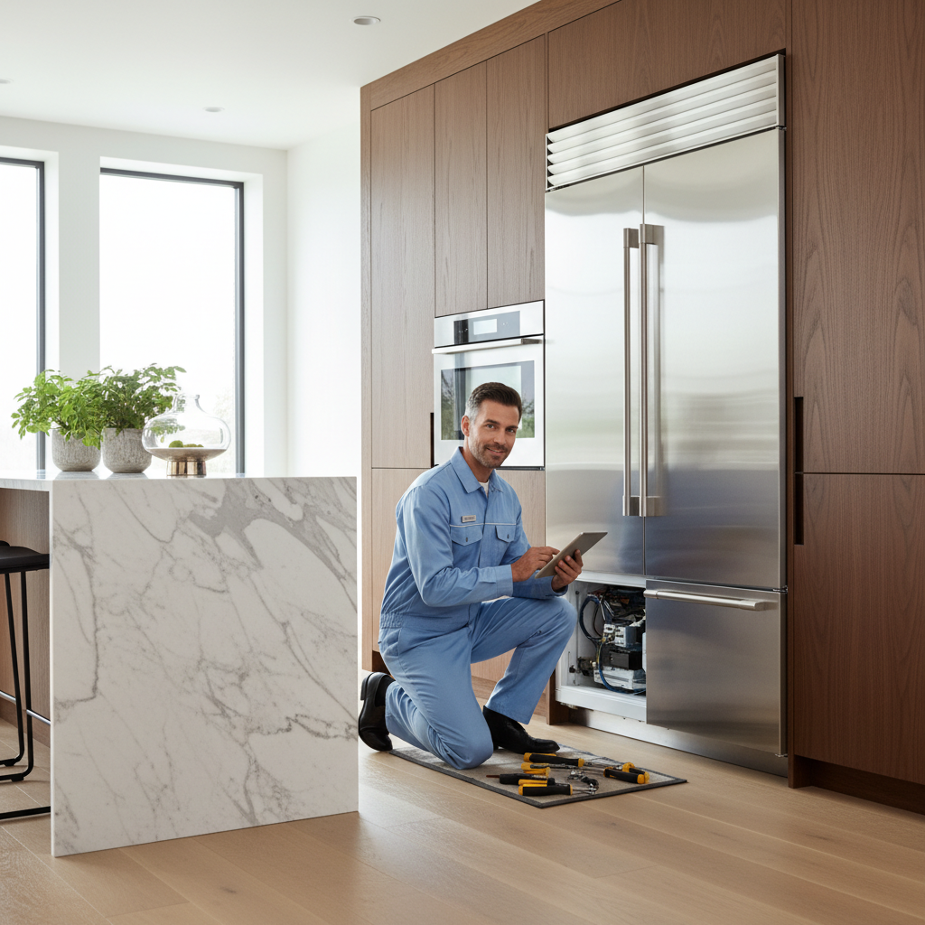 Local technician working on a premium built-in refrigerator